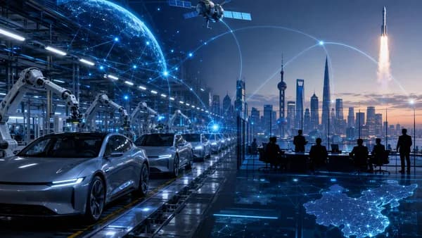 Unbranded EV factory in China linked to a rocket launch, suggesting a high-stakes tech merger.
