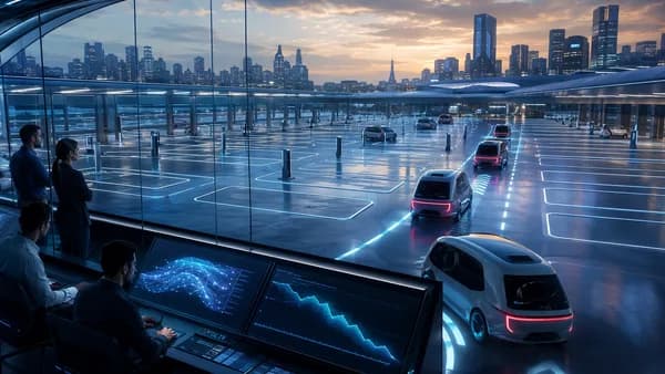 Unbranded autonomous robotaxis reversing in a futuristic depot as abstract usage signals fade.
