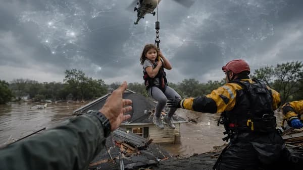 Rescue helicopter airlifts a stranded girl from a flooded Texas home amid muddy floodwaters.