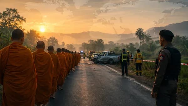 Solemn Thailand road scene with monk procession, distant pickup, police response, and global map overlay.