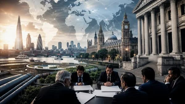 London water utility crisis scene with creditors, courthouse, and global map connections