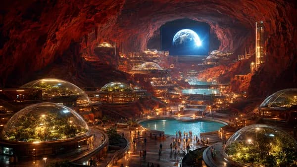 Wide establishing shot of a terraced Mars city inside a vast lava tube, warm habitat lights glowing against red stone, transparent pressure domes around gardens, tiny figures gathering near water reservoirs, Earth visible as a bright star on a public scre