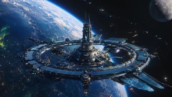 Wide establishing shot of a neutral orbital defense hub at the Earth-Moon Lagrange point, ring-shaped station with reflective shield panels, tiny maintenance drones, Earth glowing blue-white below with faint auroras and satellite constellations, hopeful b