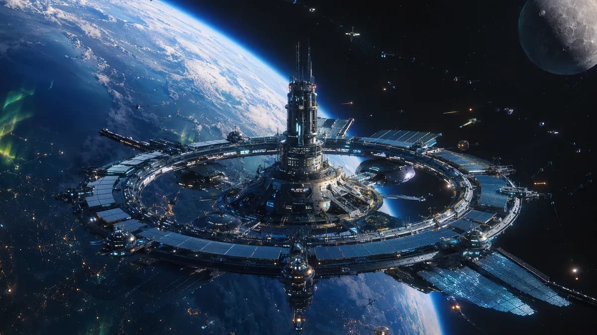 Wide establishing shot of a neutral orbital defense hub at the Earth-Moon Lagrange point, ring-shaped station with reflective shield panels, tiny maintenance drones, Earth glowing blue-white below with faint auroras and satellite constellations, hopeful b