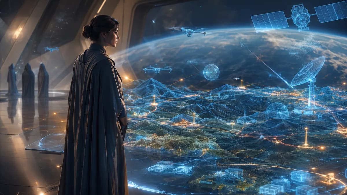 Medium scene inside a quiet orbital mediation chamber, a civilian conflict-auditor standing before translucent volumetric simulations of valleys, satellites, drones, and supply routes, soft blue and amber light reflecting on her face, atmosphere of concen