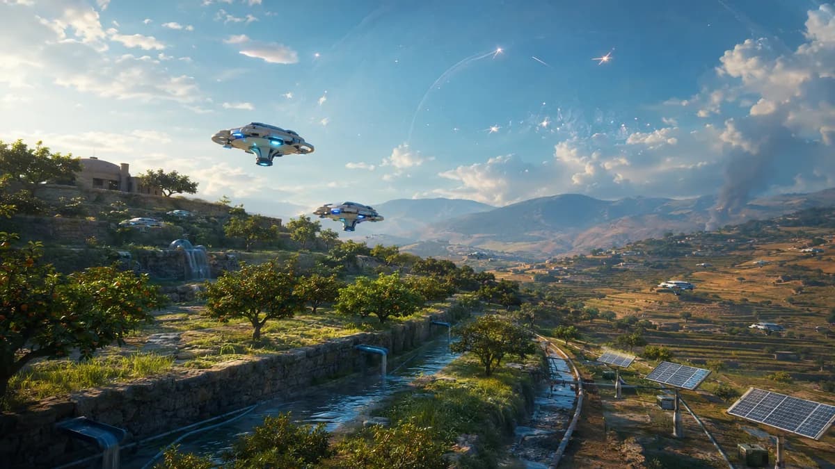 Detail/concept image of autonomous microdrones hovering harmlessly above a damaged terraced orchard with irrigation channels and solar pumps, orbital defense reflections visible as small glints in the daytime sky, blending rural life with advanced conflic