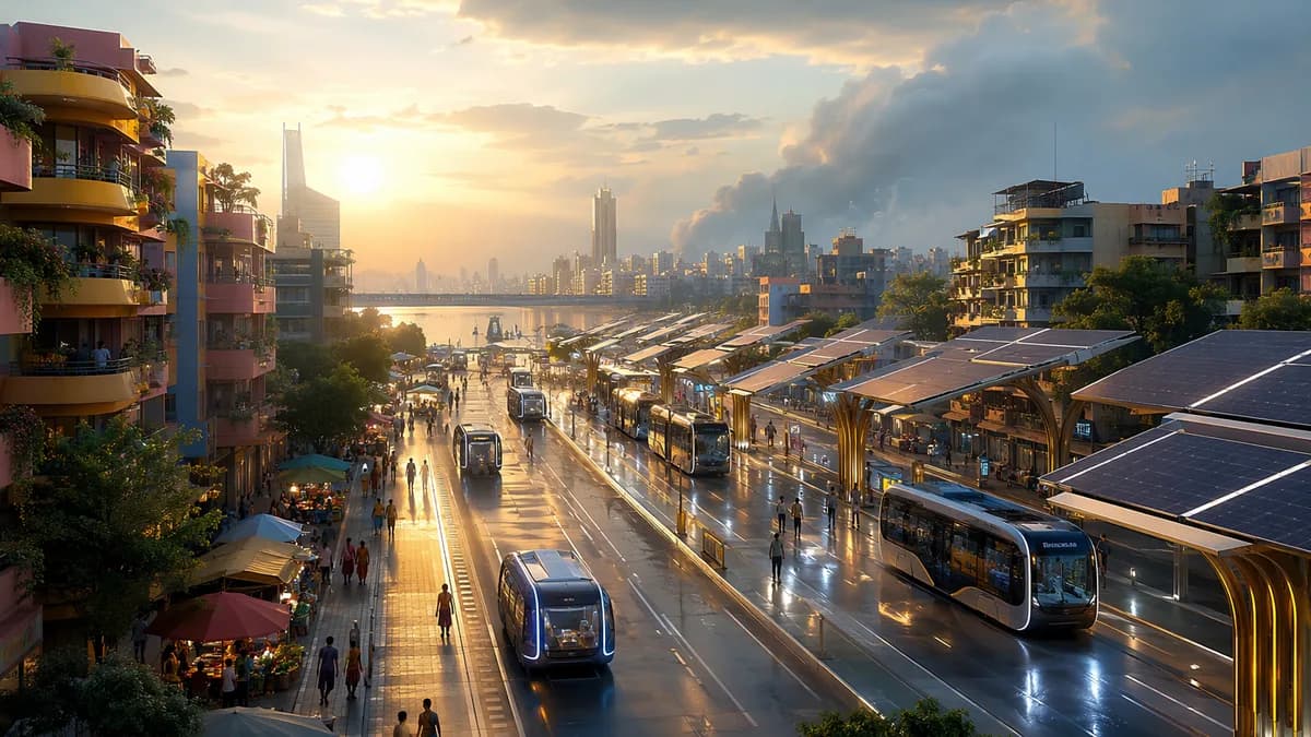 Wide establishing shot of a near-future Ahmedabad street at sunrise, solar-shaded bus lanes, adaptive awnings unfolding between colorful apartment blocks, small street vendors beside sleek autonomous transit pods, monsoon clouds in the distance, hopeful a