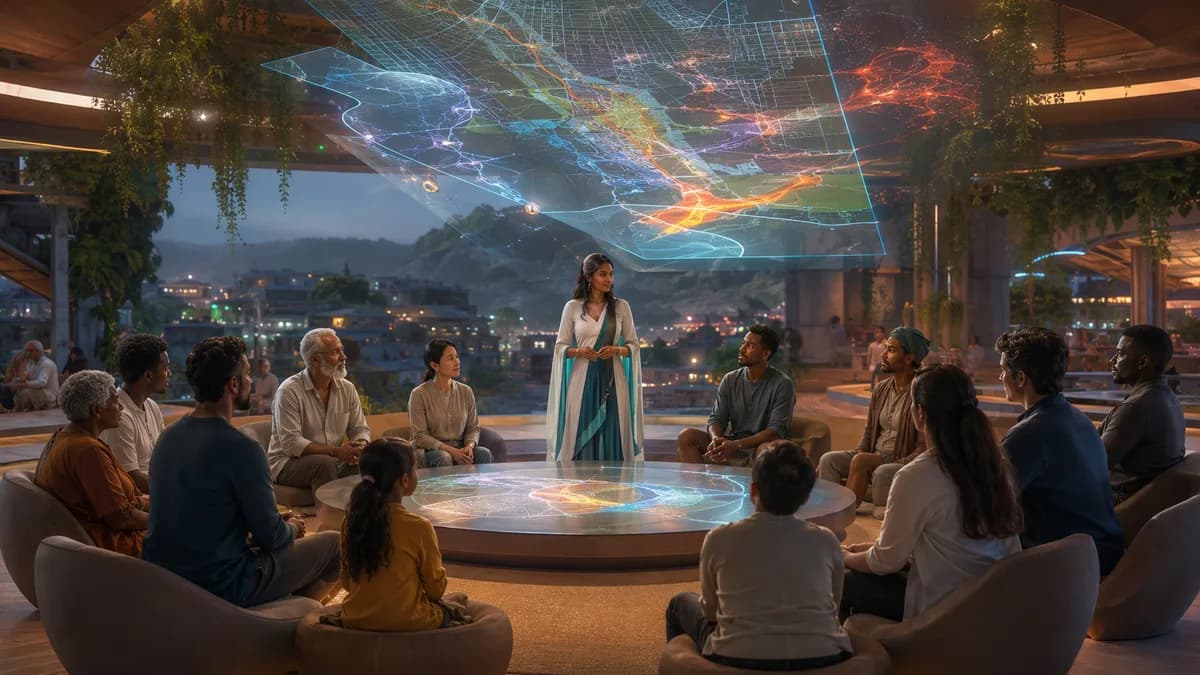 Medium scene inside a community negotiation hall with residents of different ages seated in a circle, translucent city maps and heat-flow simulations projected above a central table, Leela standing calmly as a mediator while neighbors debate, warm human e