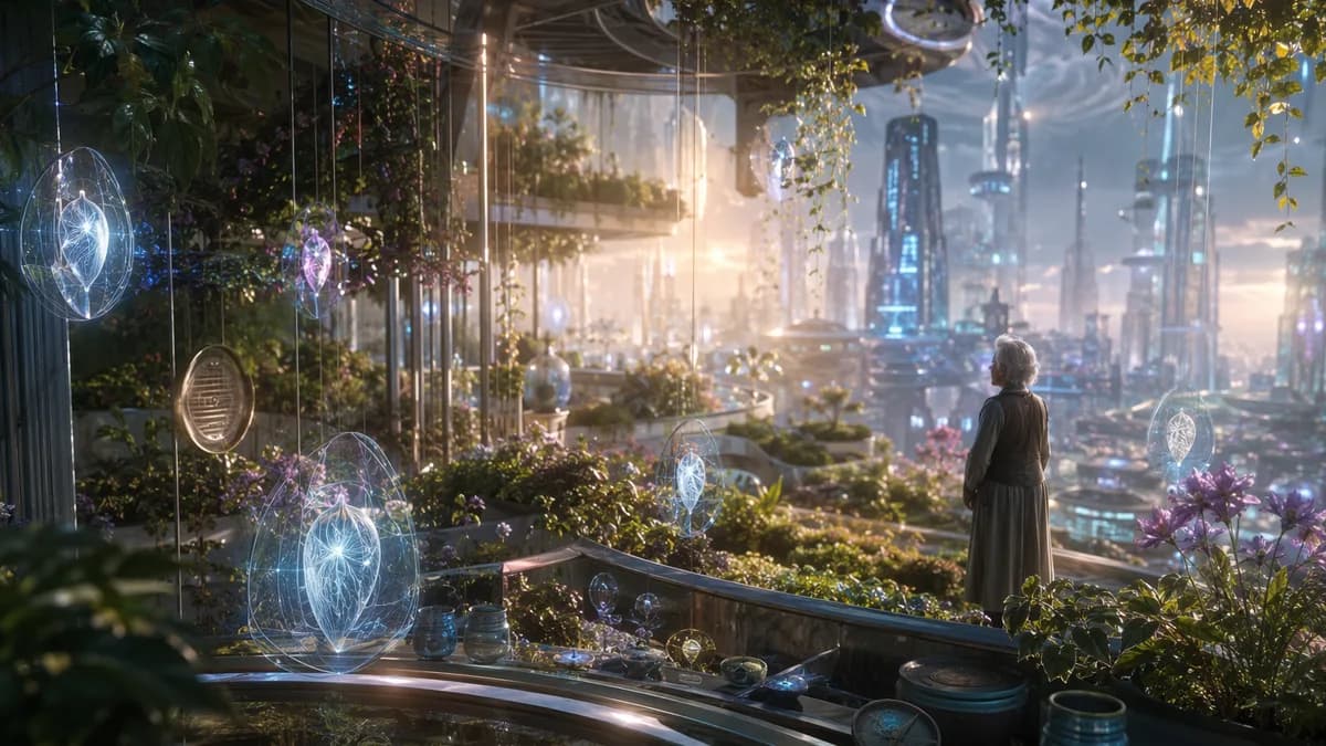 Detail/concept image of an urban memory garden in 2087: glowing seed-like data objects suspended among real plants on a vertical terrace, elderly artifacts like bus tokens and tea cups integrated with soft holographic patterns, distant adaptive skyline bl
