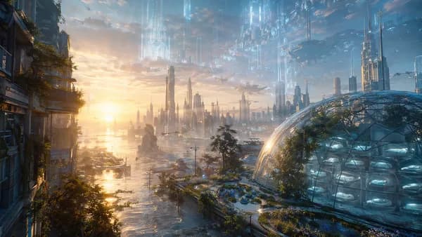 Wide establishing shot of a near-future coastal city at dawn, half-flooded streets reflecting soft gold light, a transparent civic dome filled with sleeping immersion pods beside tidal gardens, faint holographic outlines of a second impossible city layere
