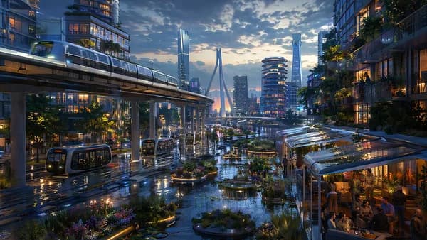 Wide establishing shot of a climate-adapted Rotterdam neighborhood in 2037, elevated tramways and autonomous buses moving through rain-polished streets, floating gardens in canals, warm apartment windows, residents gathering under transparent flood awning