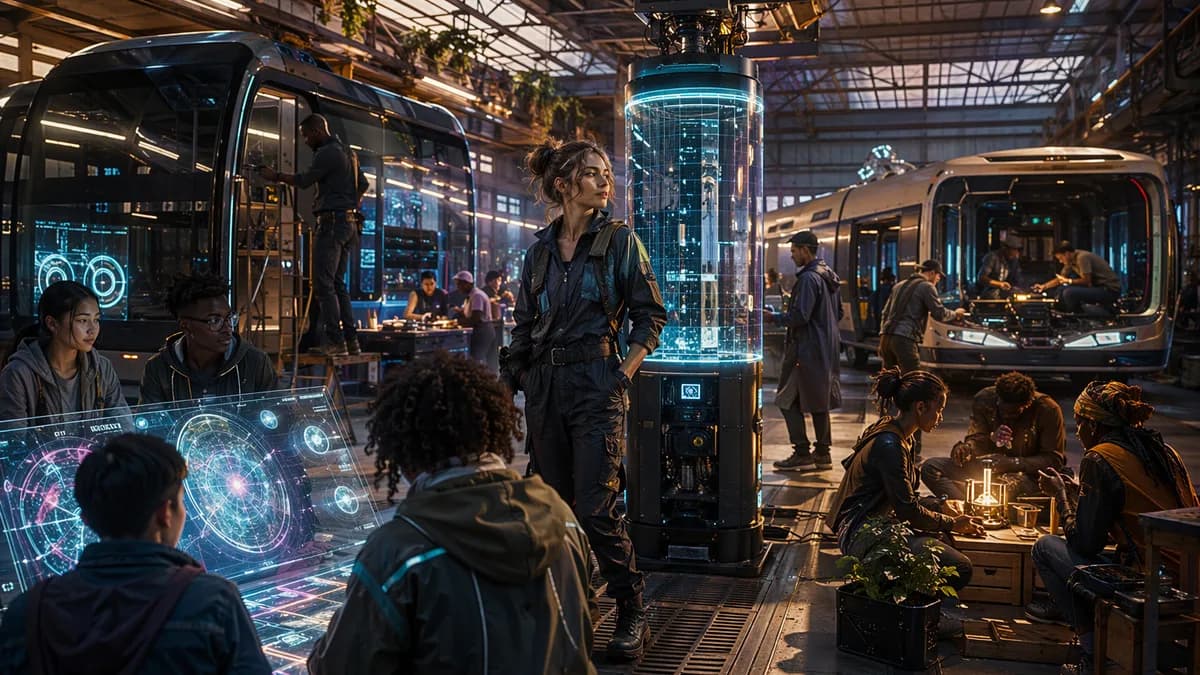 Medium scene inside a repurposed bus maintenance depot that doubles as a community workshop, diverse residents repairing transit modules, teenagers observing an AI ethics audit on translucent interfaces, Leena Voss in practical workwear standing beside a 