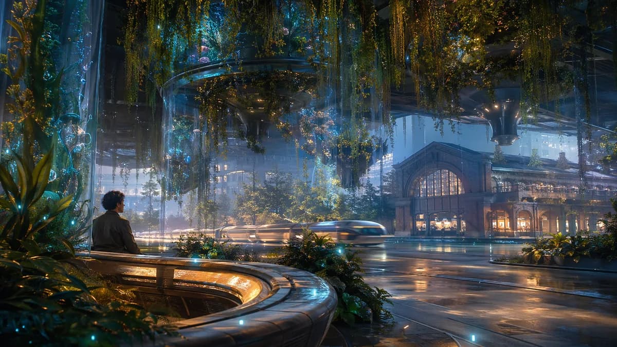 Detail/concept scene of an adaptive city bench in 2109 beneath hanging saltwater gardens, subtle embedded sensors glowing like fireflies, distant quiet transit streams and preserved brick depot in the background, mood contemplative and humane, no close-up