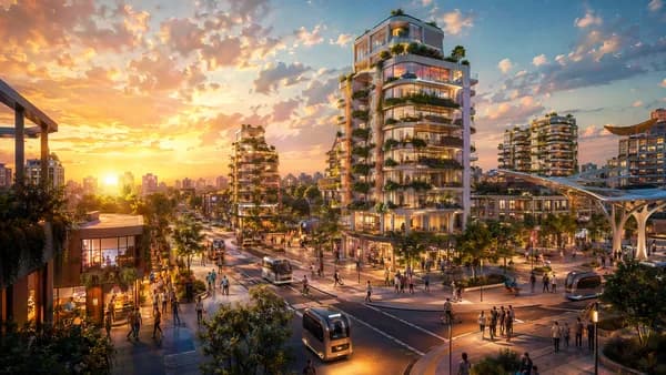 Wide establishing shot of a near-future Queens neighborhood at sunset, adaptive apartment towers with rooftop gardens, quiet autonomous delivery pods, pedestrians moving through warm communal plazas, streets subtly reshaping for bikes and walkers, hopeful