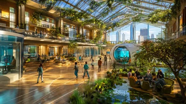 Wide establishing shot of a 2050 Rotterdam Learning Commons inside a converted old school building, solar glass roof, climbing plants, children moving between open studios, memory pods, water gardens, and elder discussion circles, subtle remnants of a gym