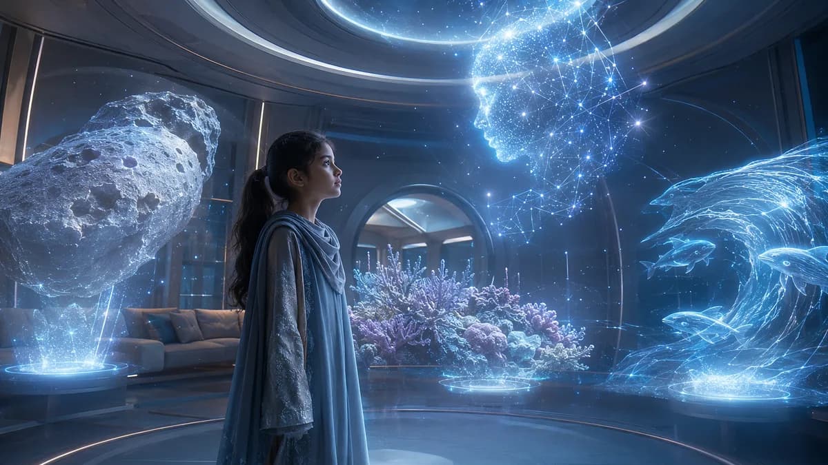 Medium scene of twelve-year-old Saira standing in a quiet neural transfer room with her AI tutor represented as a soft hovering light constellation, translucent learning projections of lunar rock, coral structures, and ocean currents surrounding her, her 