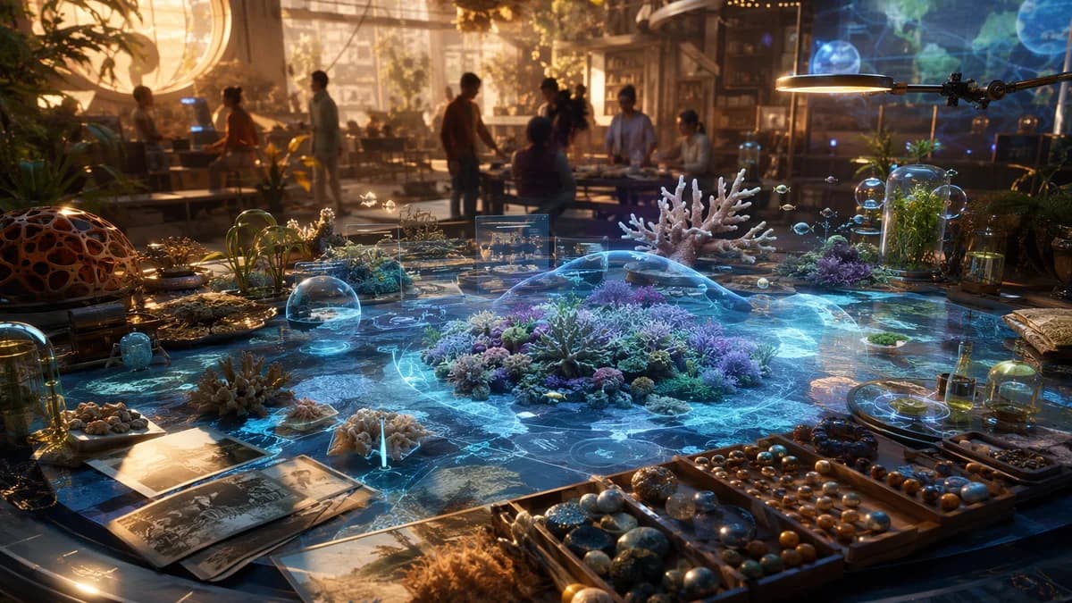 Detail/concept image of an experimental learning table in the Sideways Club, showing handmade reef models, memory tokens, audio beads, plant samples, old photographs without readable writing, and holographic simulation layers blending together, diverse le