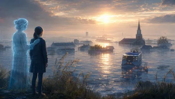 Wide establishing shot of a partially submerged Chesapeake Bay island at dawn, rooftops and church steeple emerging from silver floodwater, a small ferry approaching a temporary dock, a translucent elderly woman projected beside a teenage girl on the shor