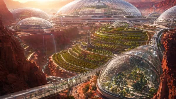 Wide establishing shot of a Martian canyon city under interconnected glass domes, terraced orchards glowing green against red cliffs, small figures walking along pressurized paths, distant dust haze and pale sunrise, digital art, cinematic lighting, futur