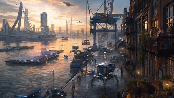 Wide establishing shot of a near-future Rotterdam harbor at dawn, autonomous cranes, soft-legged cargo robots, solar barges, and human apartments built into old warehouses overlooking the water, a few residents gathering on balconies with coffee and music