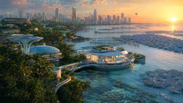Wide establishing shot of 2074 coastal Miami at sunrise, elevated neighborhoods woven through dense restored mangrove forests, floating public longevity clinic integrated into a seawall, quiet water reflecting solar canopies and bioengineered reef barrier