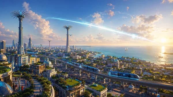 Wide establishing shot of 2047 Mombasa at dawn, coastal neighborhoods with green rooftops, elevated electric buses, receiver towers shaped like slender palms, and a soft orbital energy beam shimmering faintly through clouds over the Indian Ocean; hopeful 