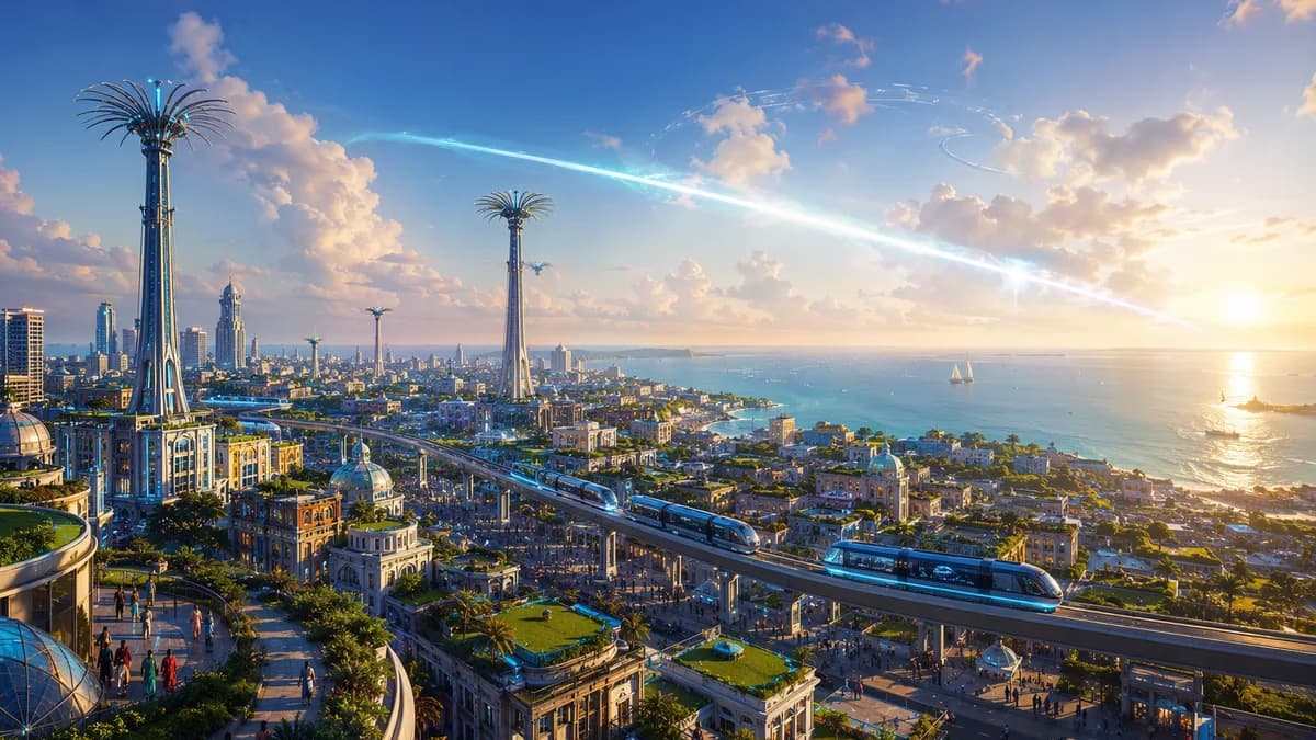 Wide establishing shot of 2047 Mombasa at dawn, coastal neighborhoods with green rooftops, elevated electric buses, receiver towers shaped like slender palms, and a soft orbital energy beam shimmering faintly through clouds over the Indian Ocean; hopeful 