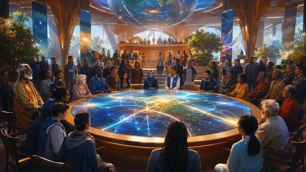 Medium scene inside a bright community energy hall during an international treaty assembly, delegates, neighborhood elders, engineers, and teenagers gathered around a circular illuminated map table showing abstract energy flows without symbols or writing;