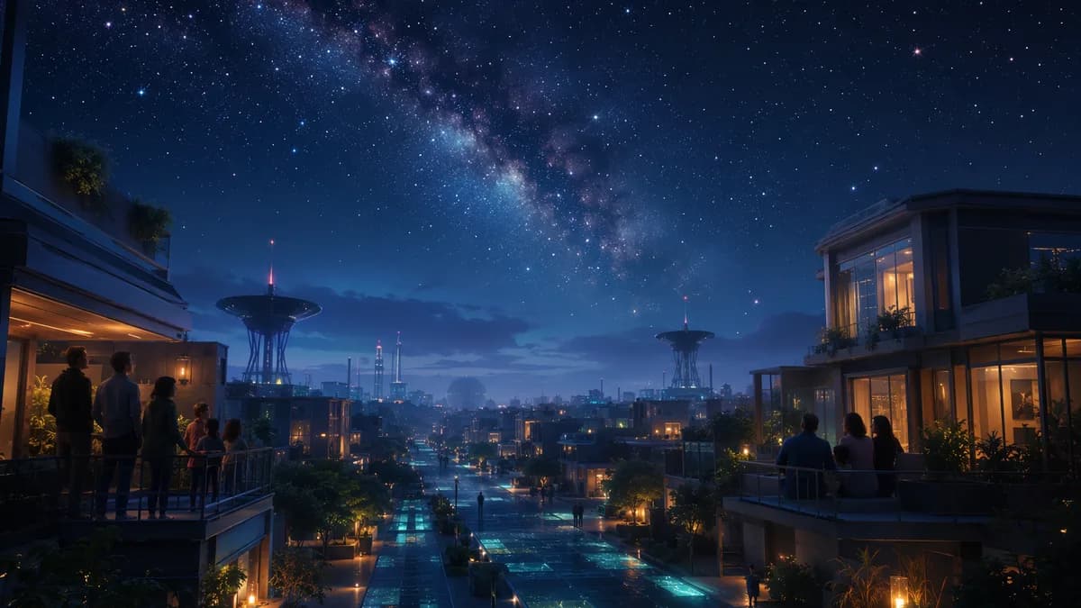 Detail/concept image of a quiet street during a voluntary blackout night, induction tiles dimmed, emergency systems glowing softly beneath translucent pavement, families on balconies looking up at a vivid star-filled sky while distant fusion receiver towe