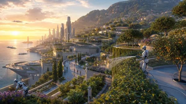 Wide establishing shot of a near-future coastal city at dawn, terraced gardens and seawalls maintained by elegant autonomous robots, quiet streets with people walking leisurely, an old hillside orchard glowing above the city, hopeful mood, digital art, ci