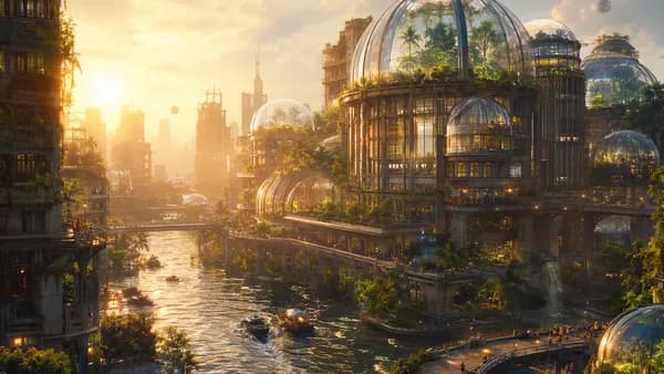 Wide establishing shot of a floating climate archive campus built among the upper floors of old skyscrapers in a flooded tropical megacity, glass domes containing miniature forests and misty weather chambers, boats and pedestrian bridges below, warm dawn 