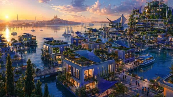 Wide establishing shot of a floating relocation district outside future Marseille at dawn, modular homes on calm water, vertical gardens, solar sails, quiet ferries, diverse residents walking along communal docks, hopeful atmosphere, digital art, cinemati