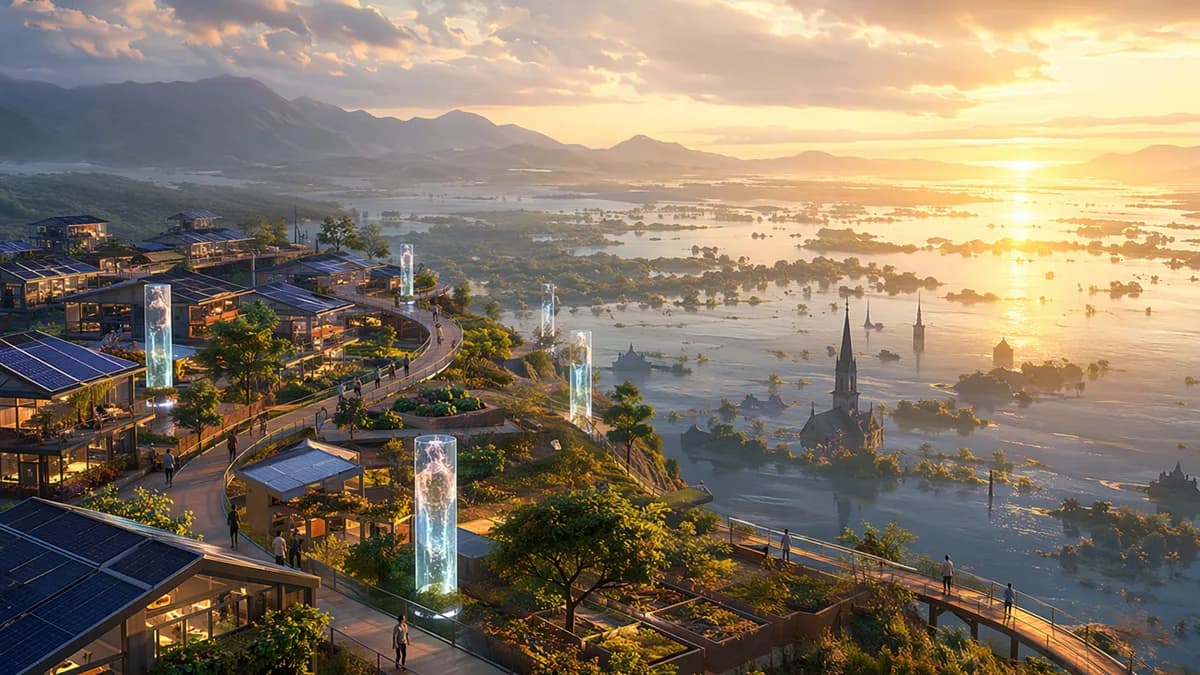 Wide establishing shot of a future climate-resettlement town on a sunlit ridge above a vast flooded valley, solar roofs, community gardens, elevated walkways, and translucent public memory pylons glowing softly at dawn; distant water covers the remains of