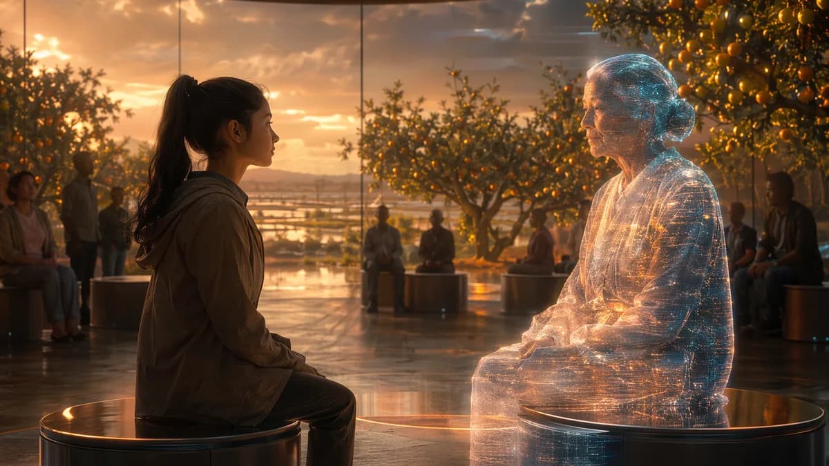 Medium scene inside a municipal memory room where a teenage girl sits across from a life-sized holographic elder woman in a reconstructed orchard of orange trees and flooded fields beyond, warm amber light, quiet emotional tension, diverse community membe