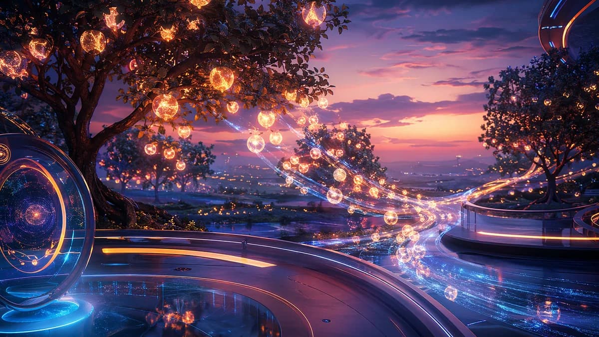 Detail/concept image of a simulated orchard at twilight where luminous fruit-like memory nodes drift from the branches into a gentle stream of light, suggesting memories being released rather than destroyed, serene and contemplative atmosphere, elegant in