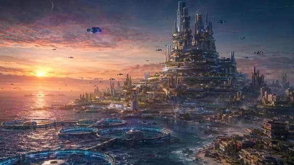 Wide establishing shot of Lagos Arcology in 2068 rising from the Atlantic coast, terraced towers with gardens, desalination rings glowing offshore, drone traffic frozen in strange holding patterns, faint orbital defense satellites visible as tiny points i