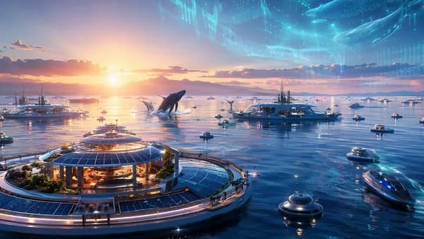 Wide establishing shot of a near-future floating ocean research sanctuary in the Pacific at dawn, solar-skin platforms and quiet autonomous buoys spread across calm water, distant humpback whales breaching beneath translucent data auroras projected above 
