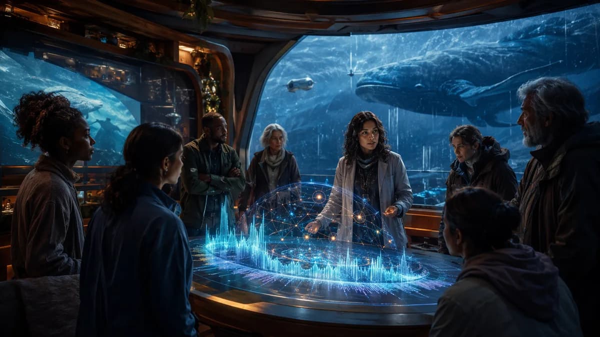 Medium scene inside a warm, wood-and-glass marine acoustics lab aboard a floating station, Dr. Lina Reyes standing with a diverse team of scientists and ocean stewards around a holographic visualization of whale-song waveforms and a star map, rain streaki