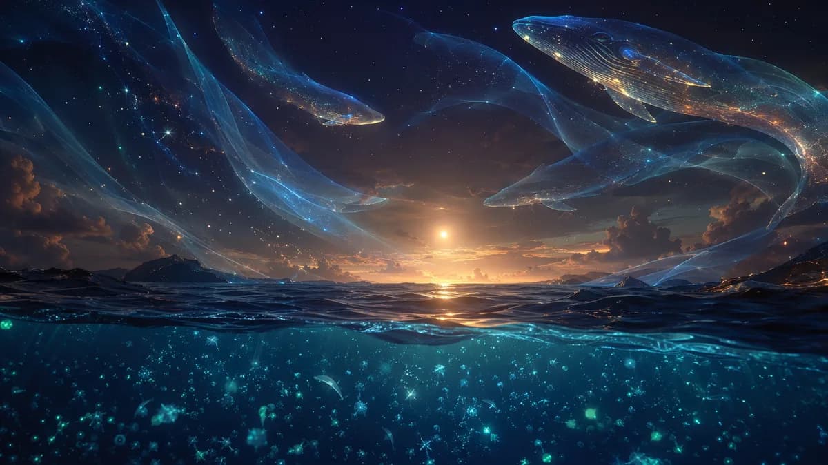 Detail/concept image of layered translucent sound waves shaped like whale silhouettes merging with distant starlight over a dark ocean surface, bioluminescent plankton glowing below and a faint Tau Ceti-like star on the horizon, poetic philosophical mood,
