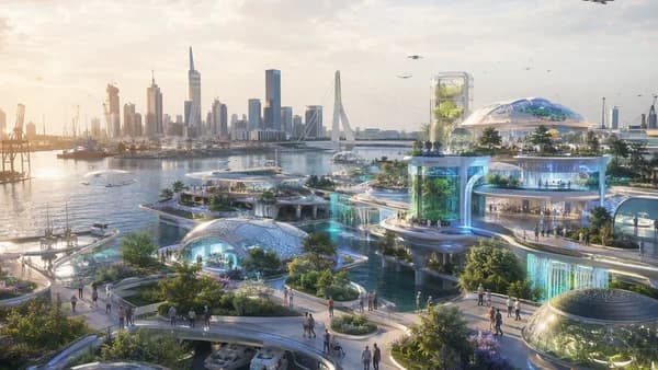Wide establishing shot of a floating longevity clinic in a near-future Rotterdam harbor, translucent biolabs rising from modular platforms, algae gardens, quiet medical drones, elderly patients walking beside young families, dawn light reflecting on water