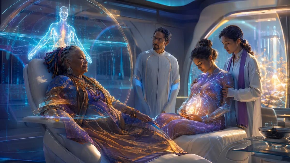 Medium scene inside a calm genome recompilation ward, an elderly Afro-Caribbean Latina midwife seated in a reclining medical chair while soft holographic body maps glow around her, doctors and a pregnant teenager nearby, warm blue and gold lighting, emoti