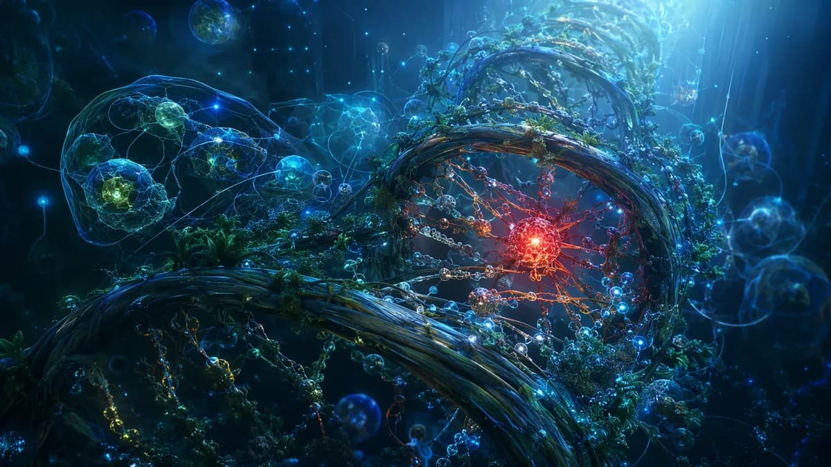 Detail/concept image of a living genome visualized as luminous braided vines with tiny glowing annotations, organic cells merging with subtle neural interface patterns, a single warm red pulse representing a preserved fever-memory, abstract but biological