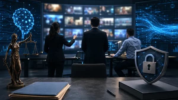 Investigators examine anonymous social media evidence in a futuristic tech workspace.