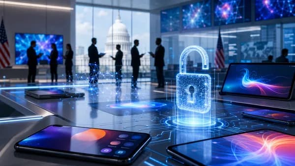 Modern government tech office with smartphones and an open access hologram, symbolizing restored app access.