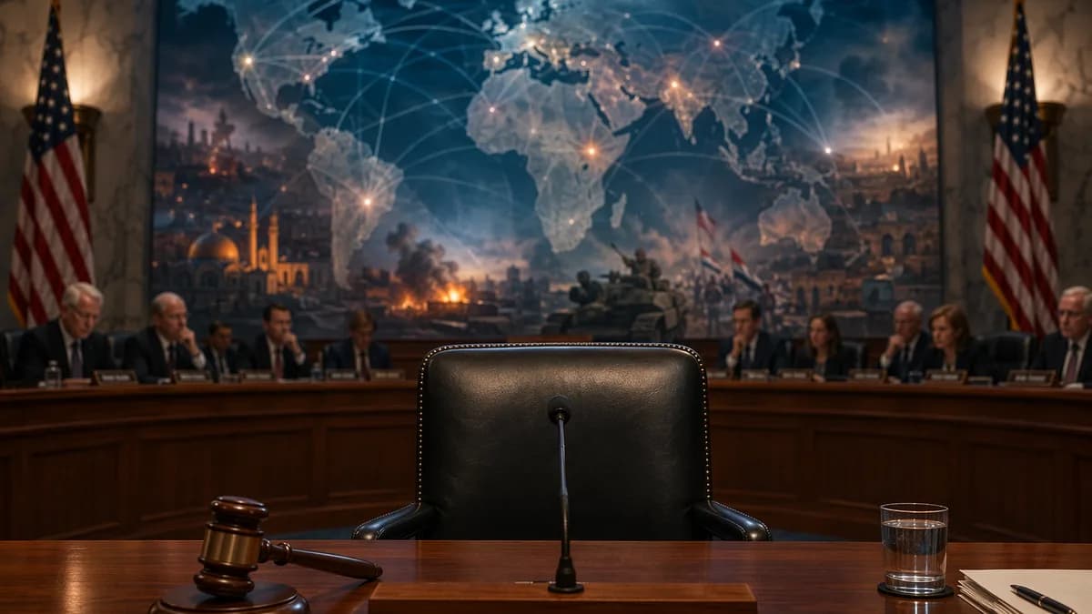 Senate hearing room with gavel, microphones, and glowing world map suggesting global political stakes.