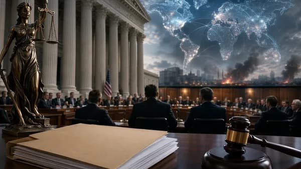 Editorial image of justice scales, Senate hearing room, and global map connections.