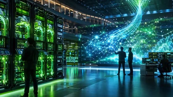 Futuristic AI cloud GPU data center with engineers, neural networks, and glowing server infrastructure.