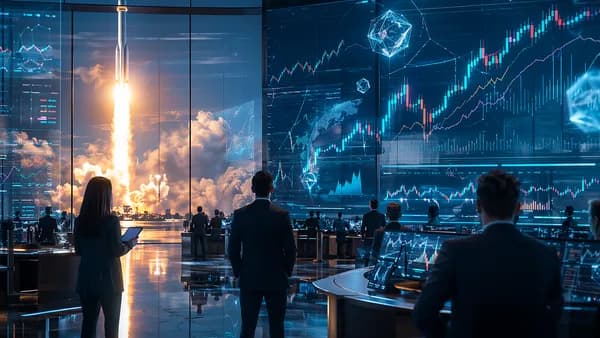 Unbranded rocket launch reflected on trading floor screens with tokenized equity market visuals