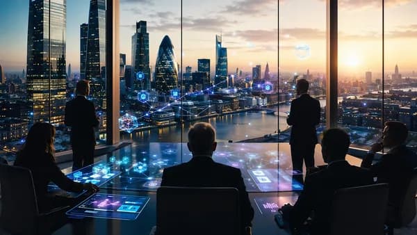 Futuristic London finance district with glowing tokenized market rails and digital banking visuals