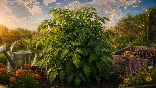 Leafy tomato plant without fruit in a sunlit garden with subtle global map connections.